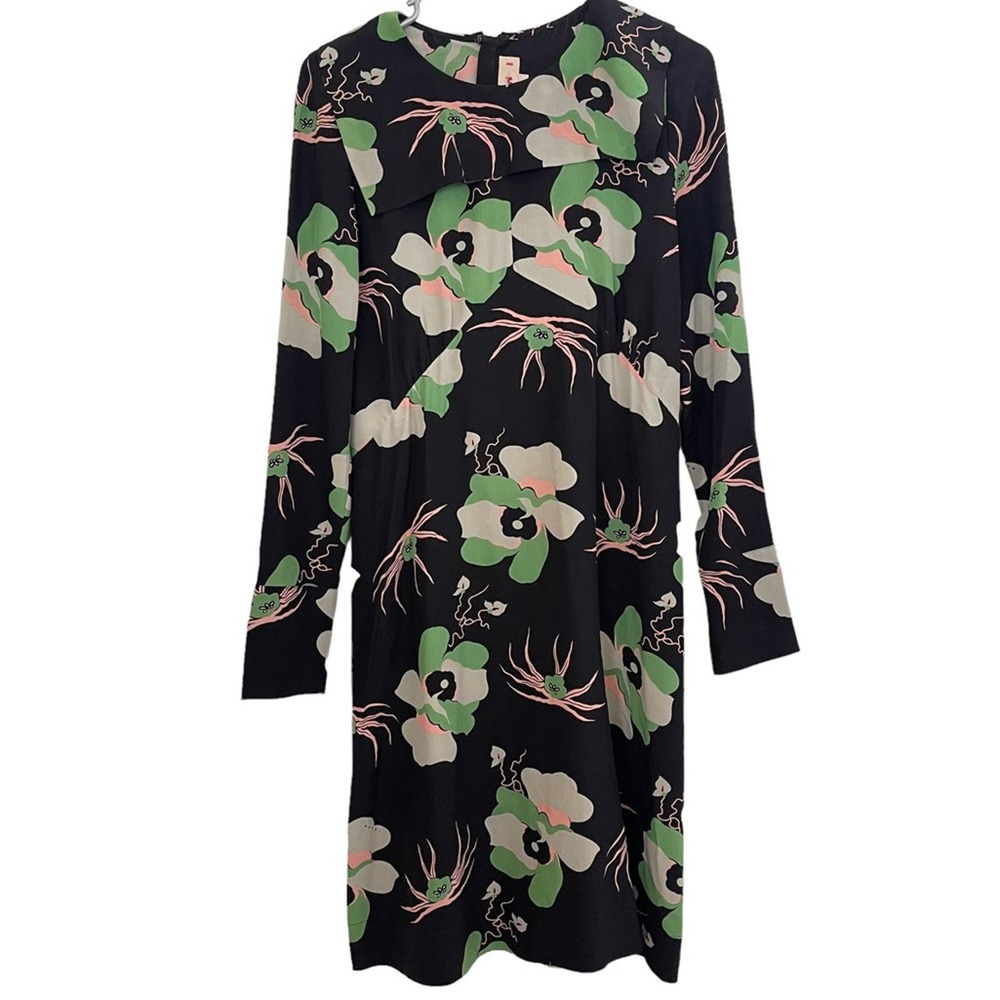 Marni Silk Black Floral Print Long Sleeve Midi Dress Size 40